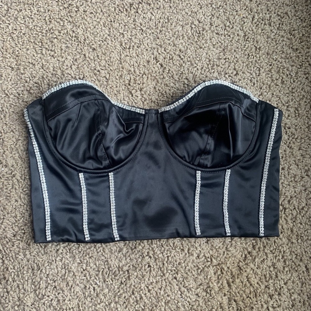 Fashion Nova Black Satin Bandeau with Silver Accents